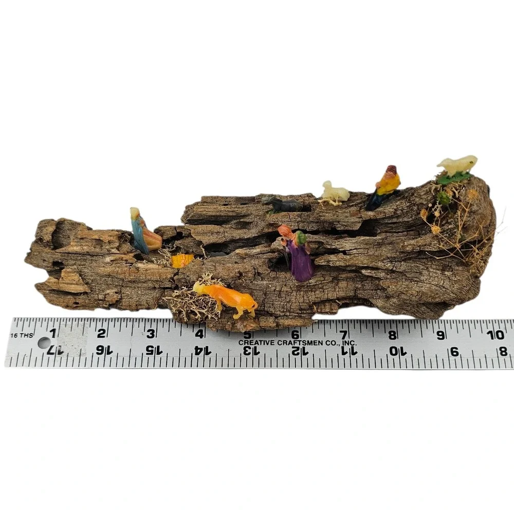 Vintage Nativity Scene Display on Natural‎ Bark Wood Log with Figurines Decor